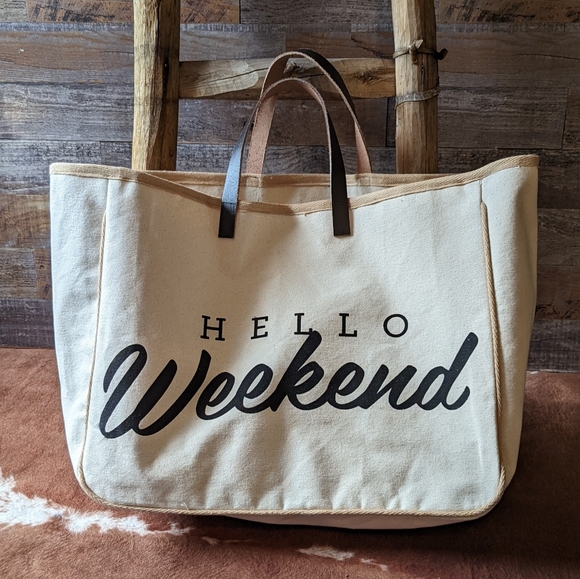 New " Hello Weekend" Canvas Travel Weekender Bag - Picture 5 of 12